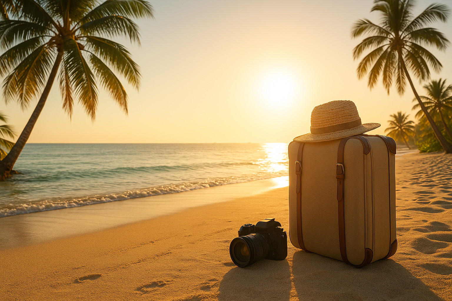 November-Reisestimmung: goldene Sonne, Strand und Palmen